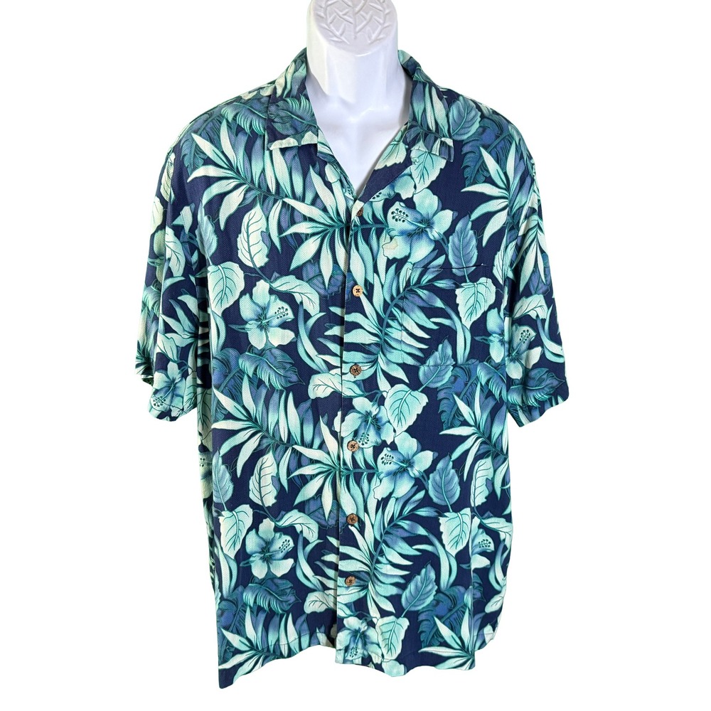 Caribbean Button Down Shirt Mens XL Blue Silk Blend Tropical Hibiscus Floral